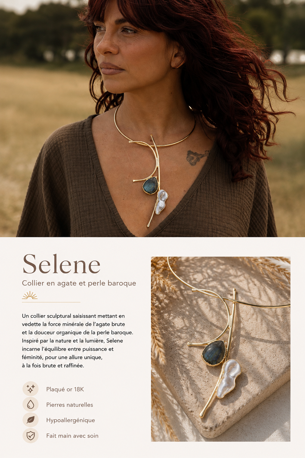 Selene — Collier en agate et perle baroque